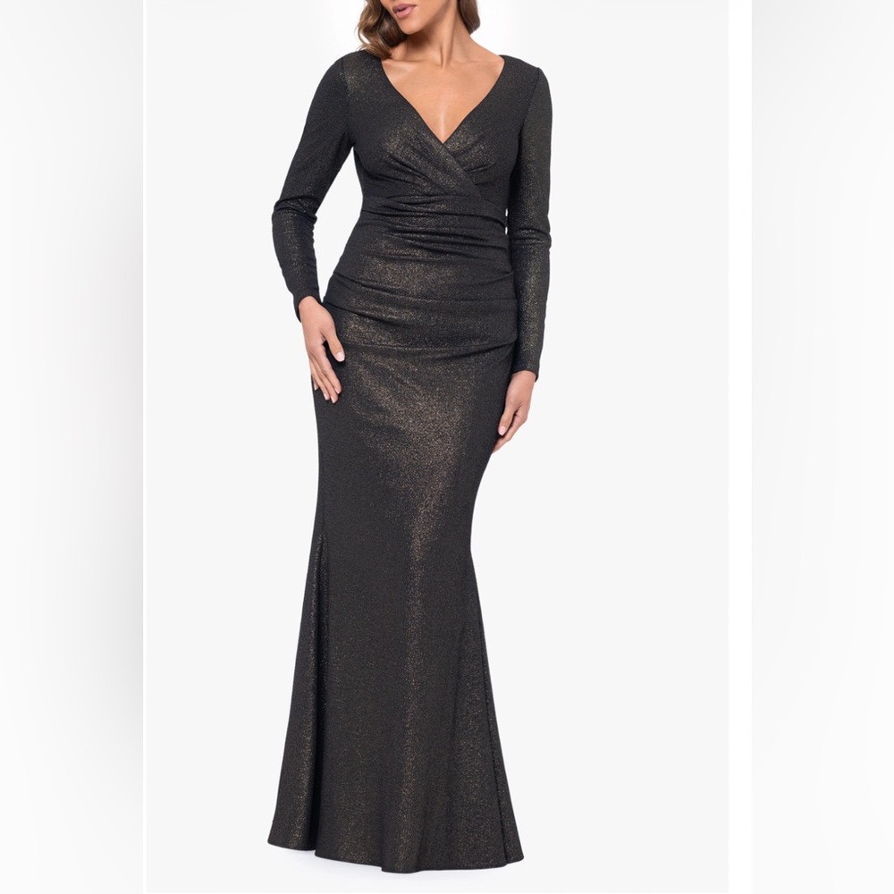 XScape Long Sleeve Metallic Ruched Gown